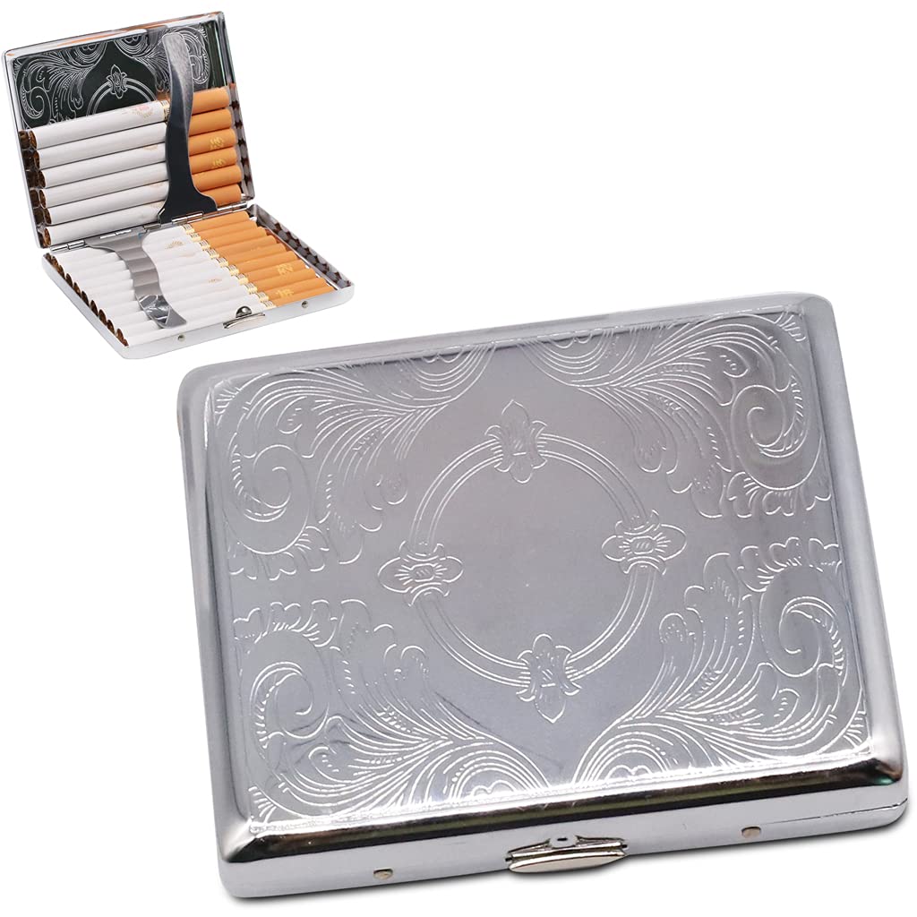GUSTAVE Retro Metal Cigarette Case - Cigggrate Case - Cigarette Case for Men Stylish - Double Sided Spring Clip Open Pocket Holder for 20 Cigarettes 84mm (Silver) GUSTAVE Retro Metal Cigarette Case - Cigggrate Case - Cigarette Case for Men Stylish - Double Sided Spring Clip Open Pocket Holder for 20 Cigarettes 84mm (Silver)